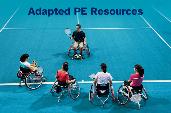 An adapted PE class with students in wheelchairs playing tennis with caption Adapted PE Resources