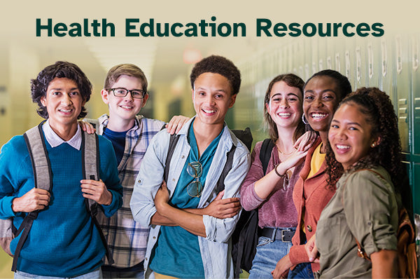 A photo of young students in a school hallway with the caption health education resources