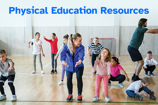 Elementary age students in PE class jumping with caption Physical Education Resources