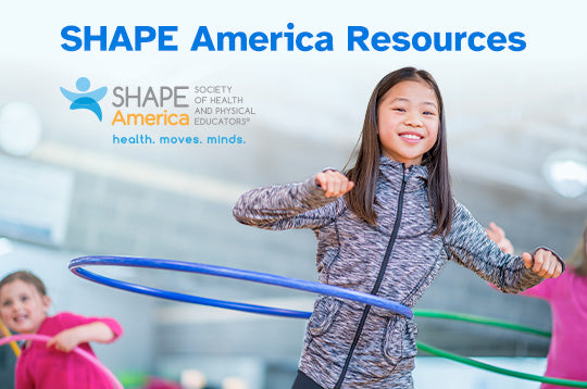 Students in a PE class using hula hoops with caption SHAPE America Resources