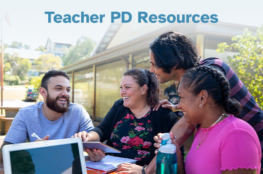 Teachers sitting outdoors at a table with laptops with caption Teacher PE Resources